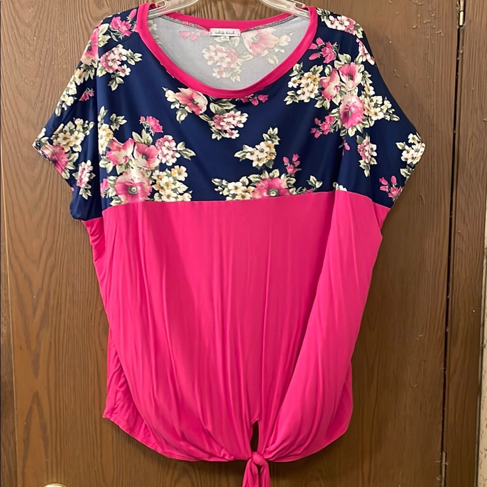 White Birch Relaxed Tie Front Blue and Pink Top